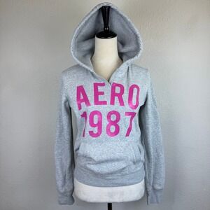 VTG Y2K Aéropostale Gray Hoodie Pink AERO 1987 Double‎ Side Graphic Women's M